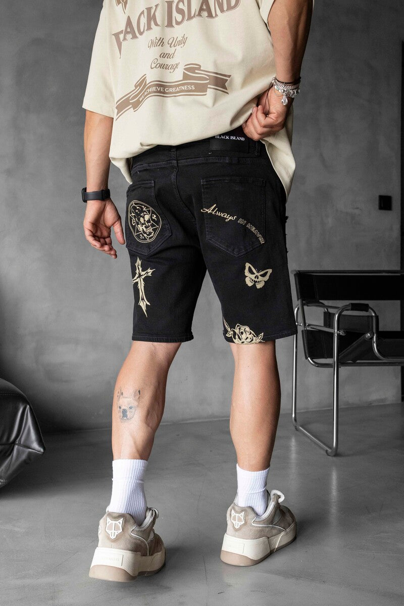 Printed Denim Short Black 16274