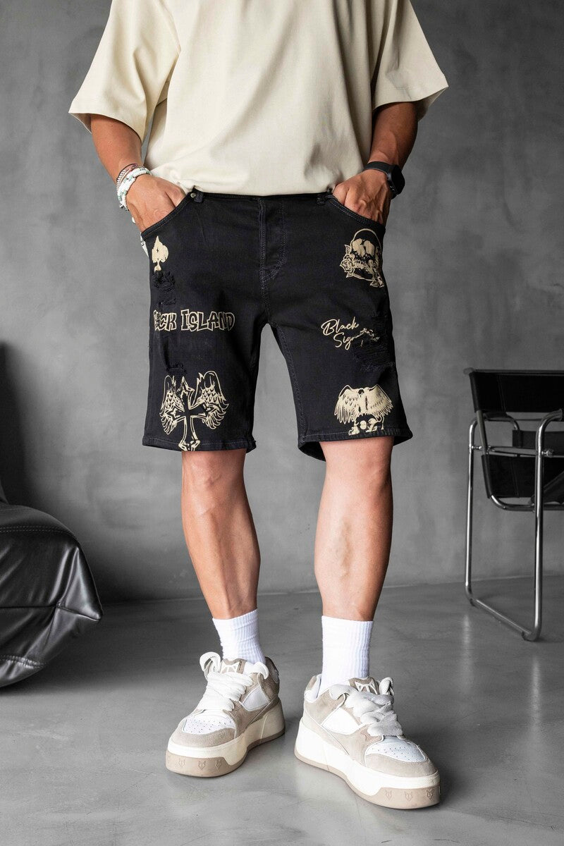 Printed Denim Short Black 16274