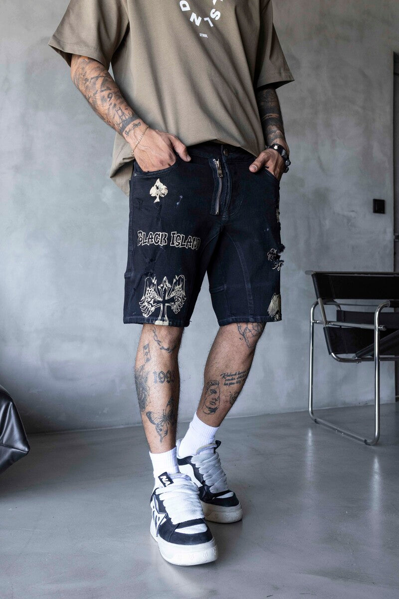 Printed Denim Short Black 16281