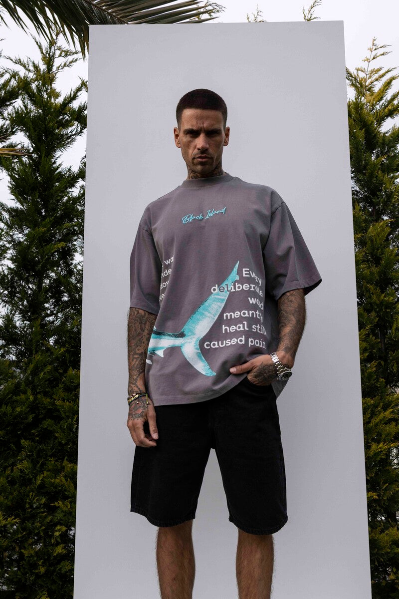SHARK PRINTED WASHED T-SHIRT GRAY 1848