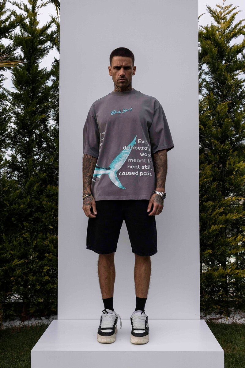 SHARK PRINTED WASHED T-SHIRT GRAY 1848