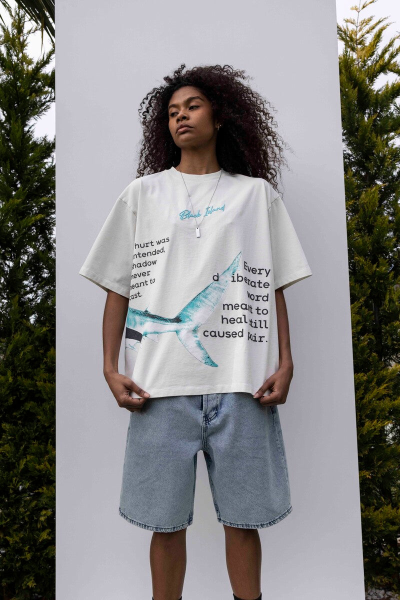 SHARK PRINTED WASHED T-SHIRT WHITE 1848