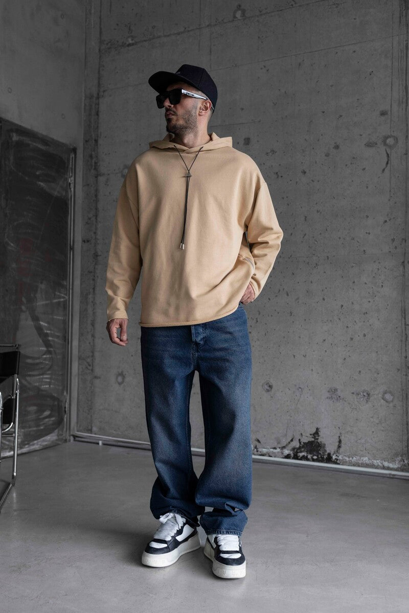 Short Asymmetric Zip Hoodie Beige 1484