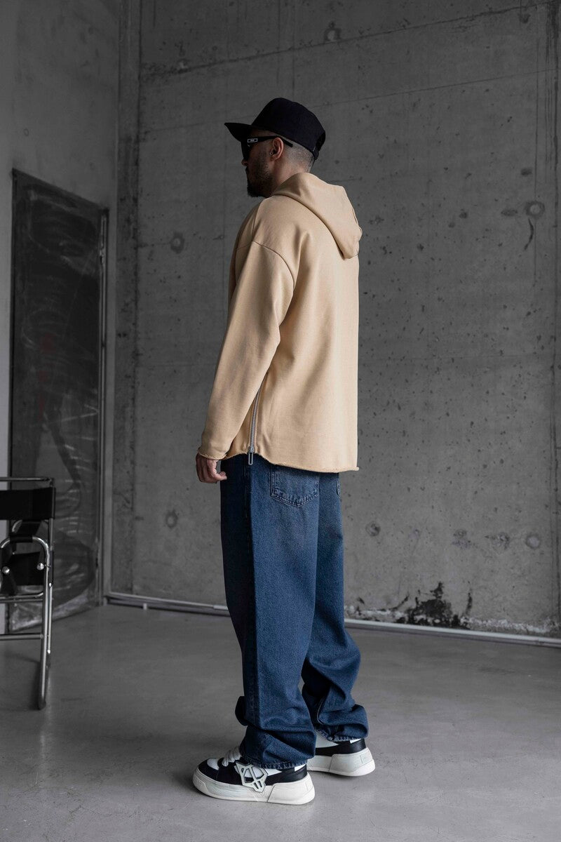 Short Asymmetric Zip Hoodie Beige 1484