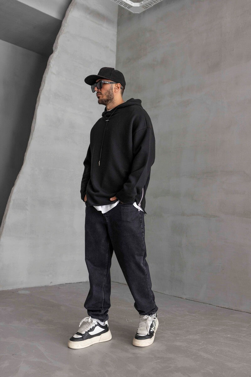 Short Asymmetric Zip Hoodie Black 1484