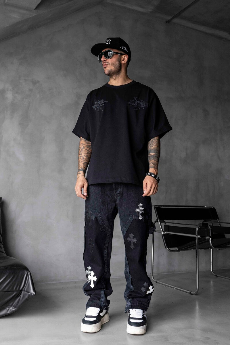 Studded & Printed Washed Black Oversized T-Shirt 1856