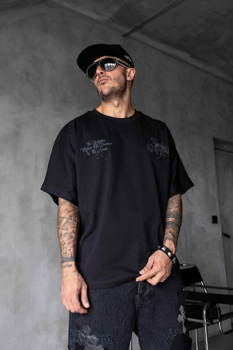 Studded & Printed Washed Black Oversized T-Shirt 1856