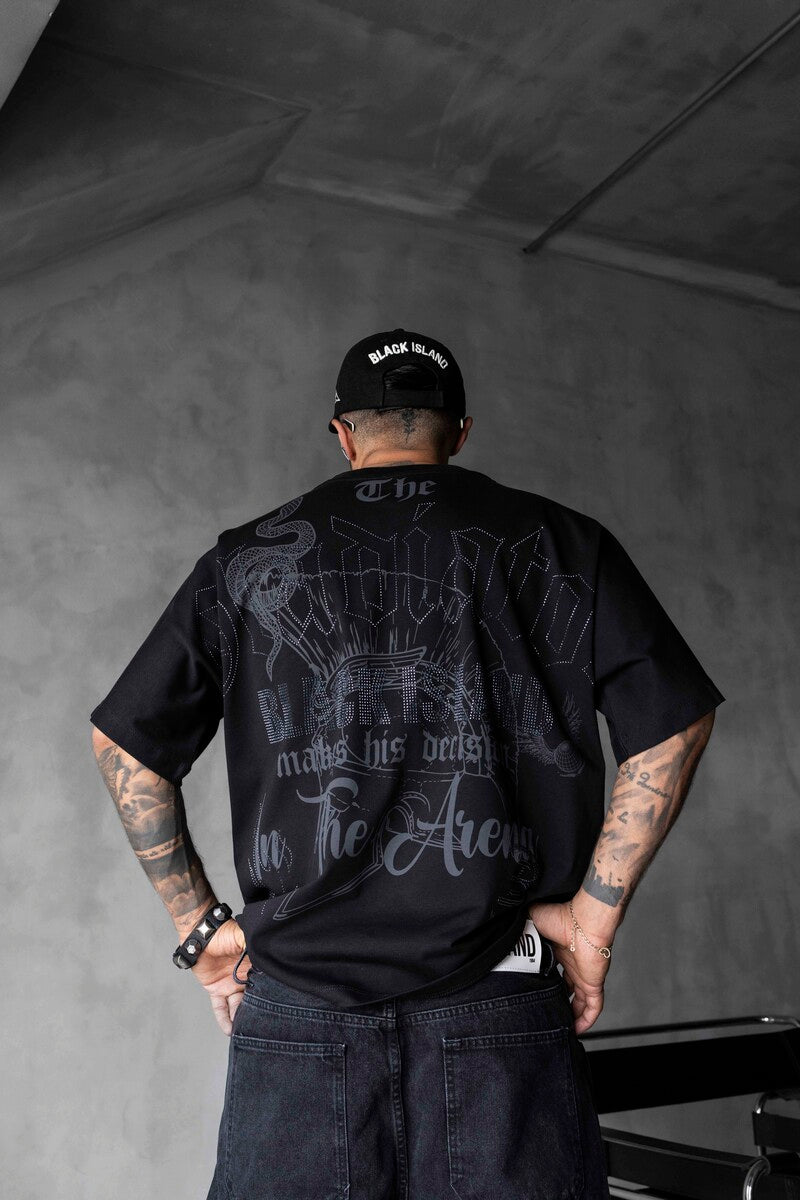 Studded & Printed Washed Black Oversized T-Shirt 1856