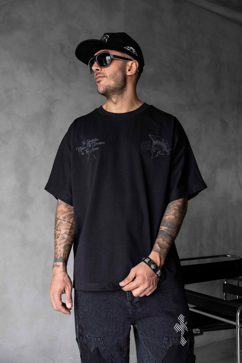 Studded & Printed Washed Black Oversized T-Shirt 1856