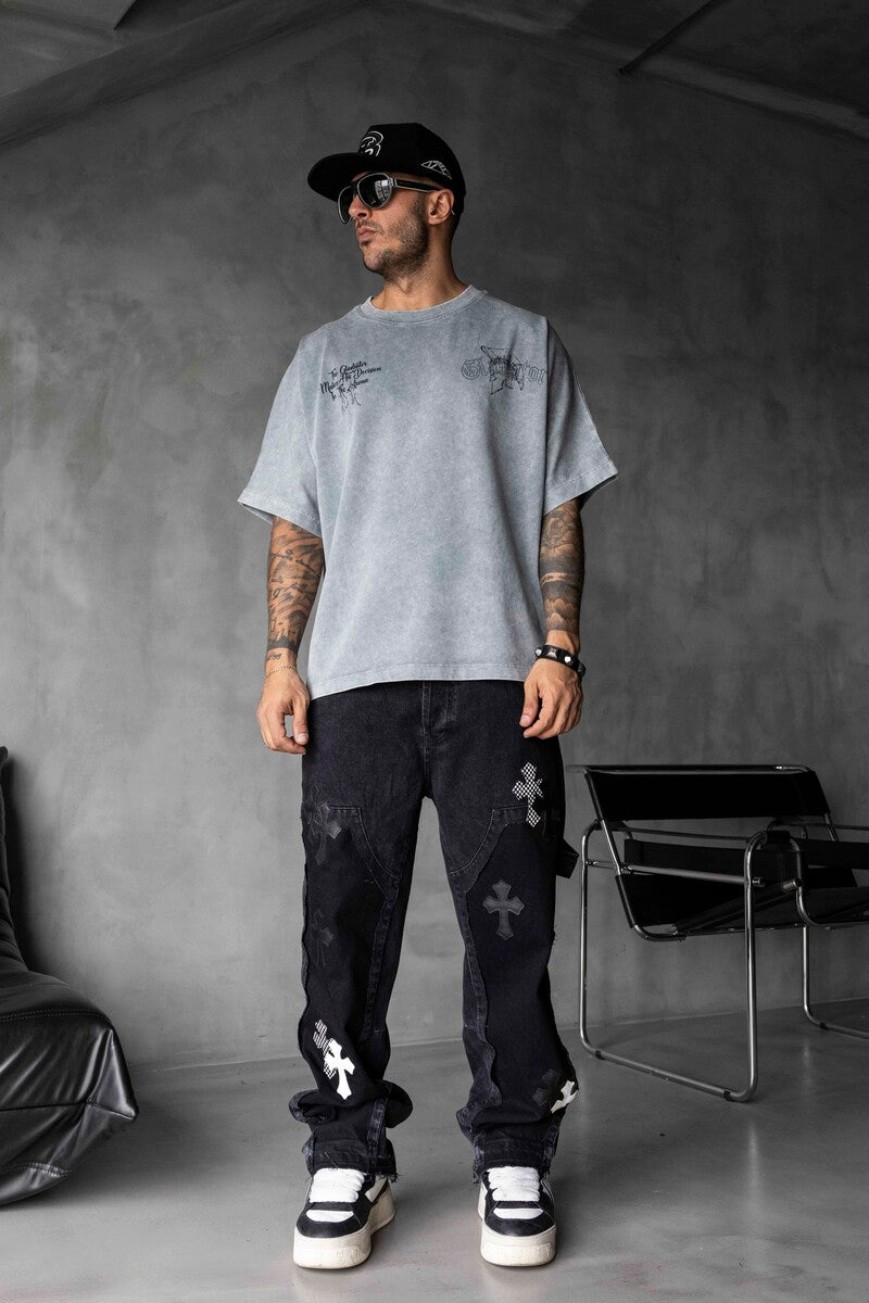 Studded & Printed Washed Grey Oversized T-Shirt 1856