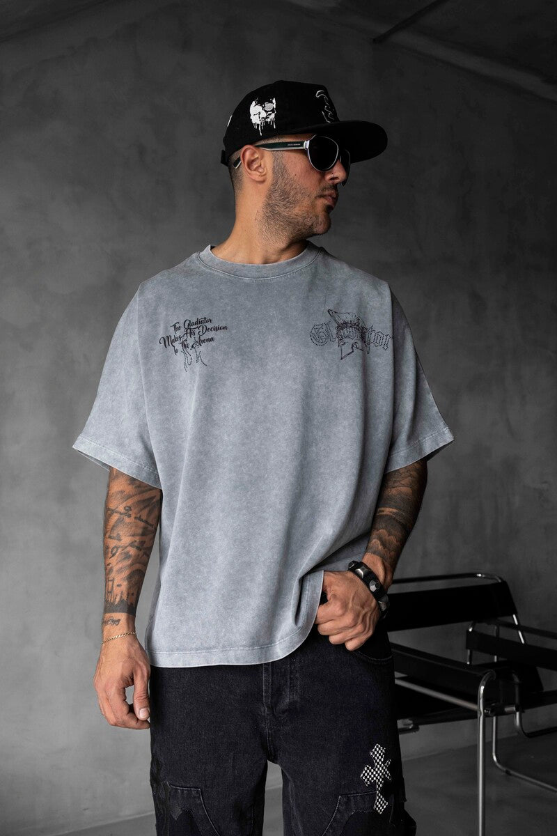 Studded & Printed Washed Grey Oversized T-Shirt 1856