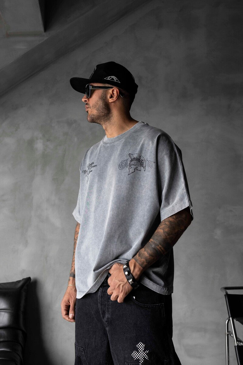 Studded & Printed Washed Grey Oversized T-Shirt 1856