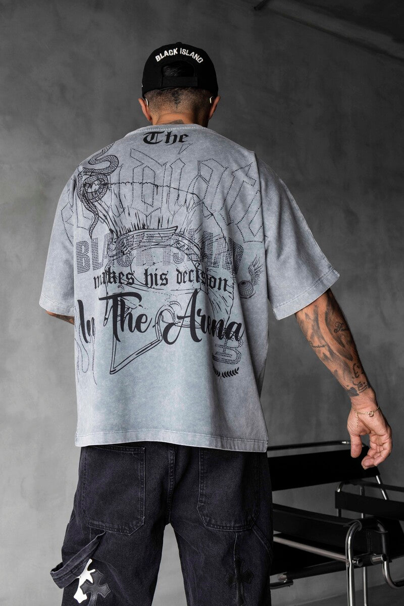 Studded & Printed Washed Grey Oversized T-Shirt 1856