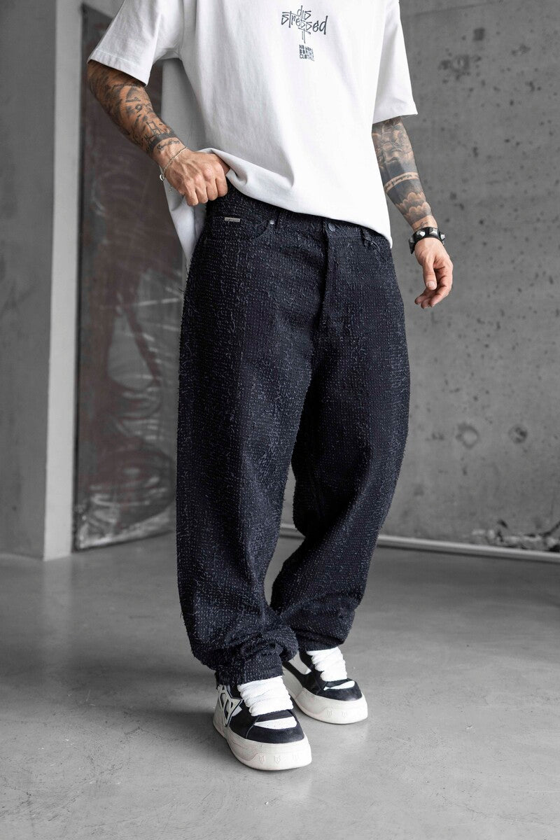 TEXTURED BLACK BAGGY JEANS 17014