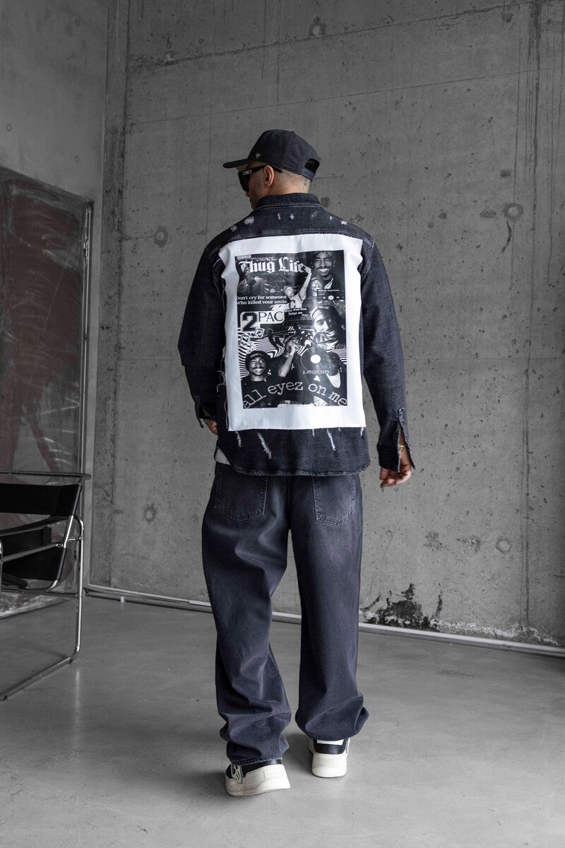 TUPAC PRINTED DENIM JACKET SETS BLACK 16970