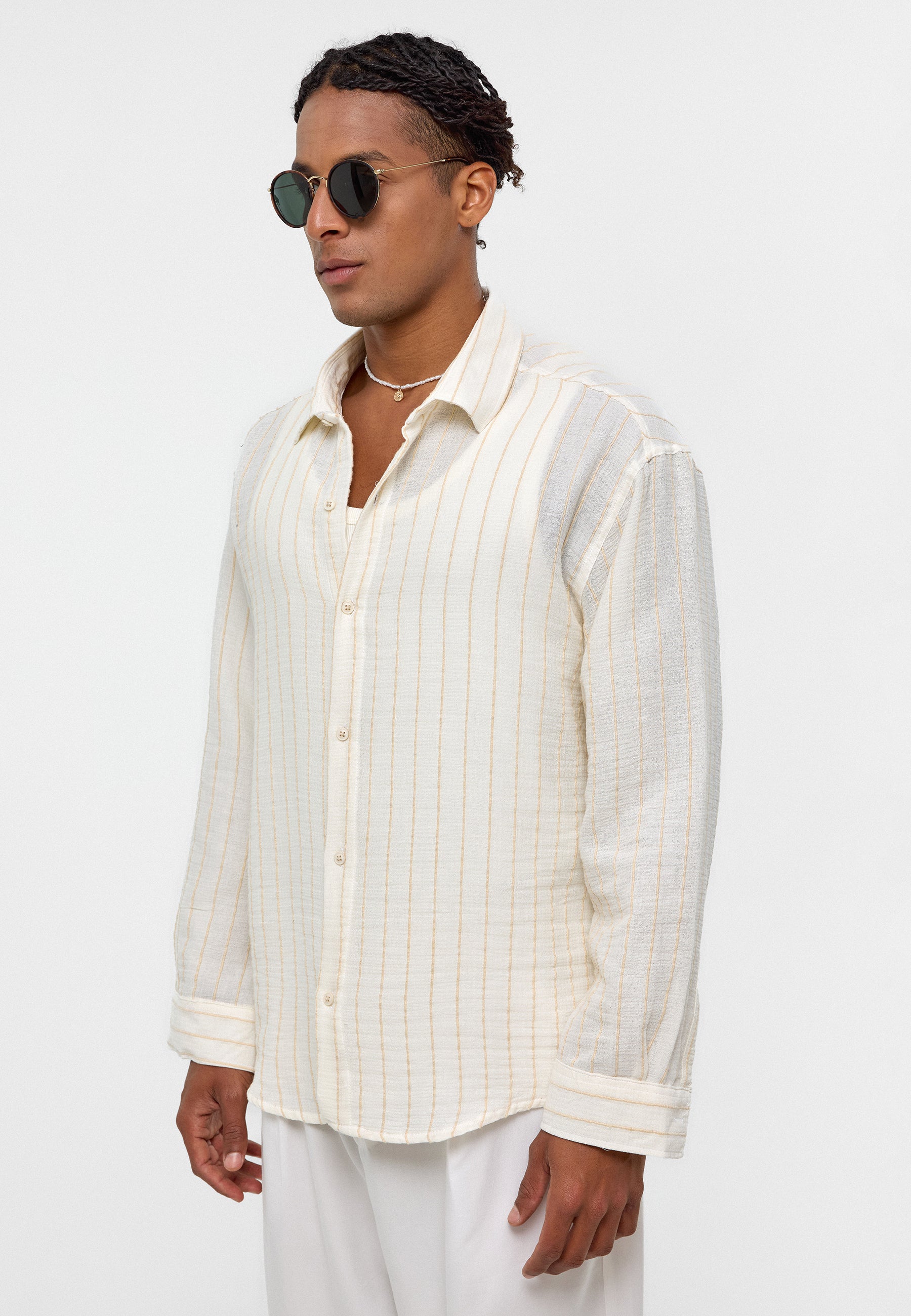 Ekru Striped Oversize Muslin Cotton Shirt – Effortless Texture Relaxed Style