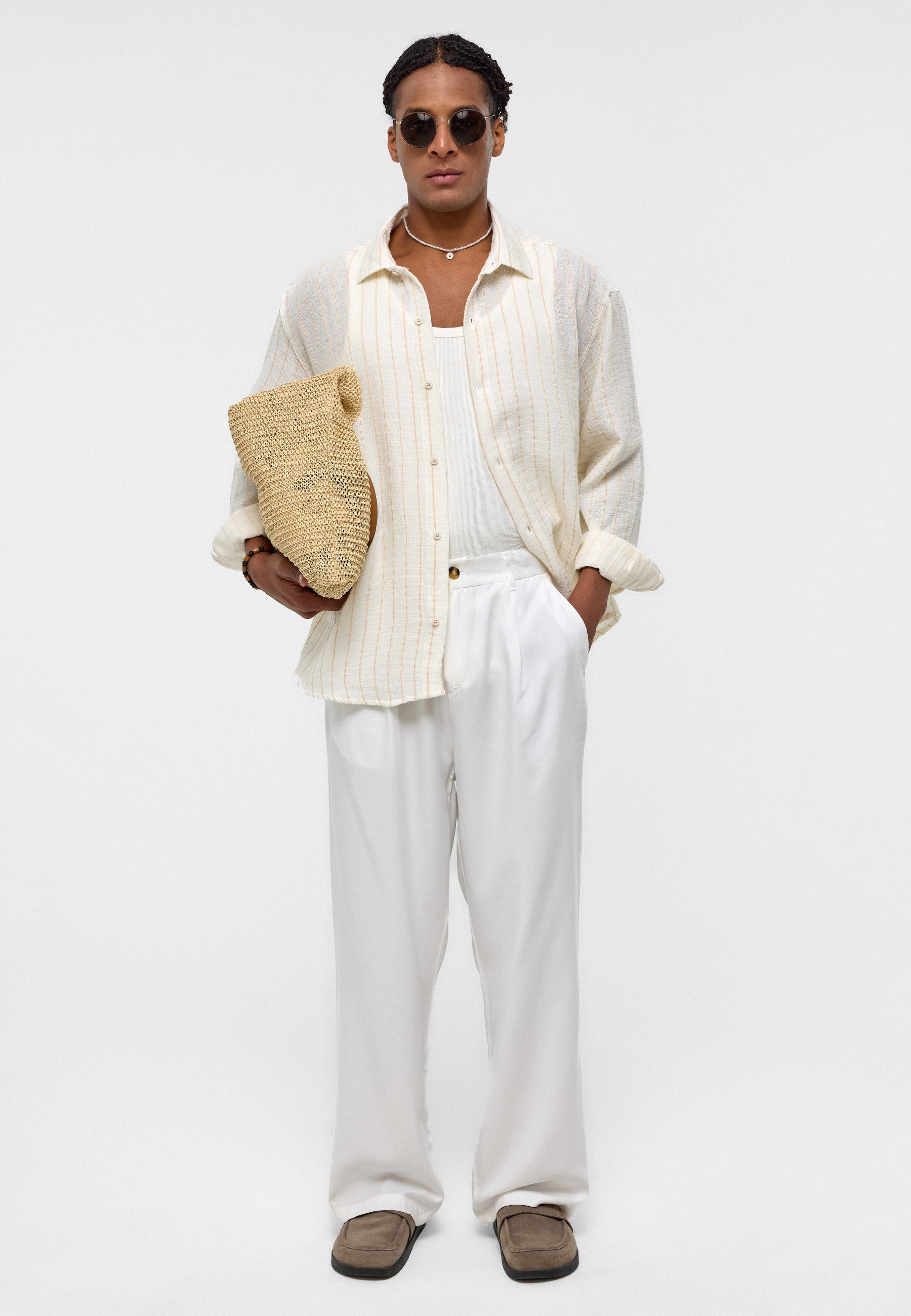 Ekru Striped Oversize Muslin Cotton Shirt – Effortless Texture Relaxed Style