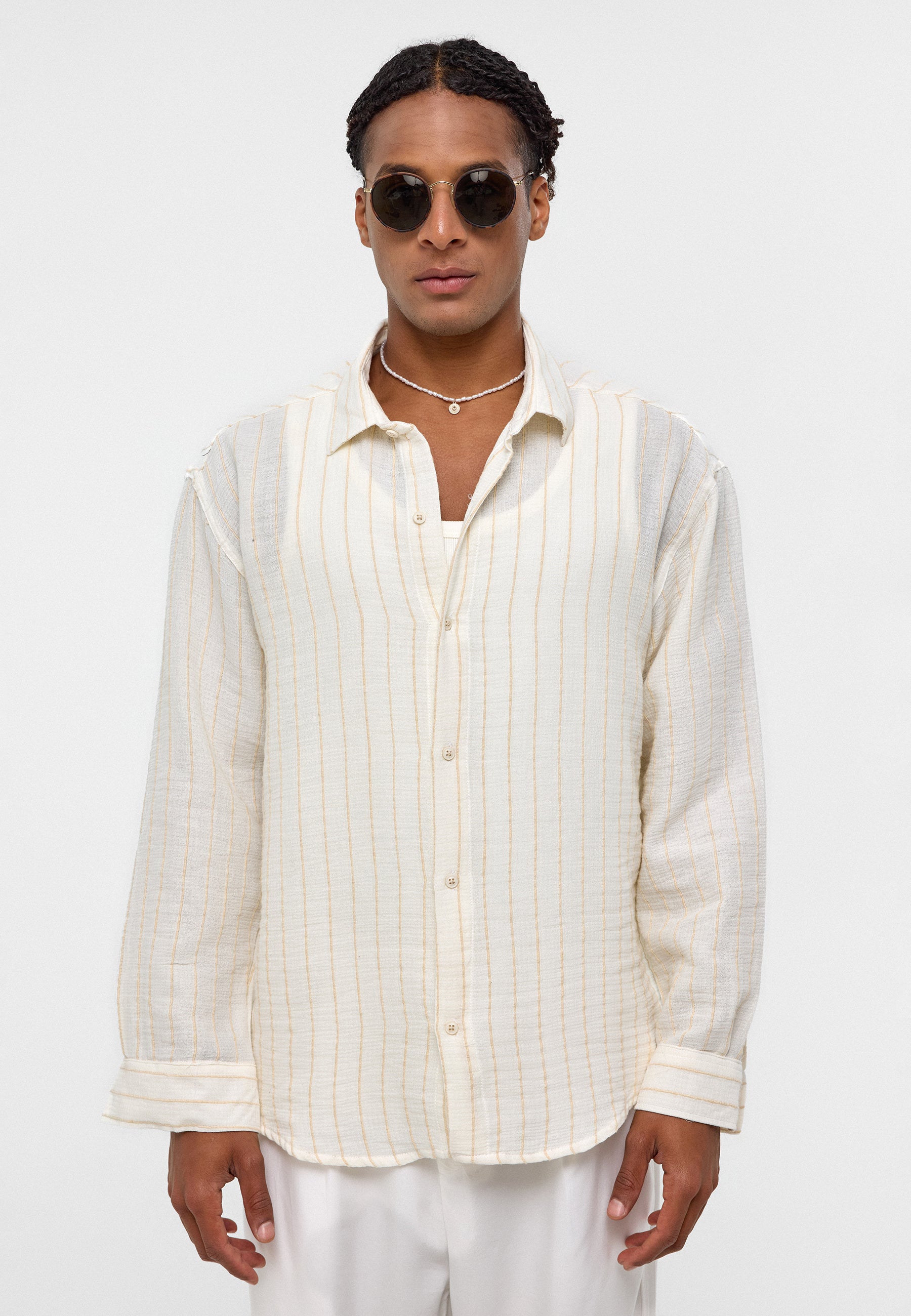 Ekru Striped Oversize Muslin Cotton Shirt – Effortless Texture Relaxed Style