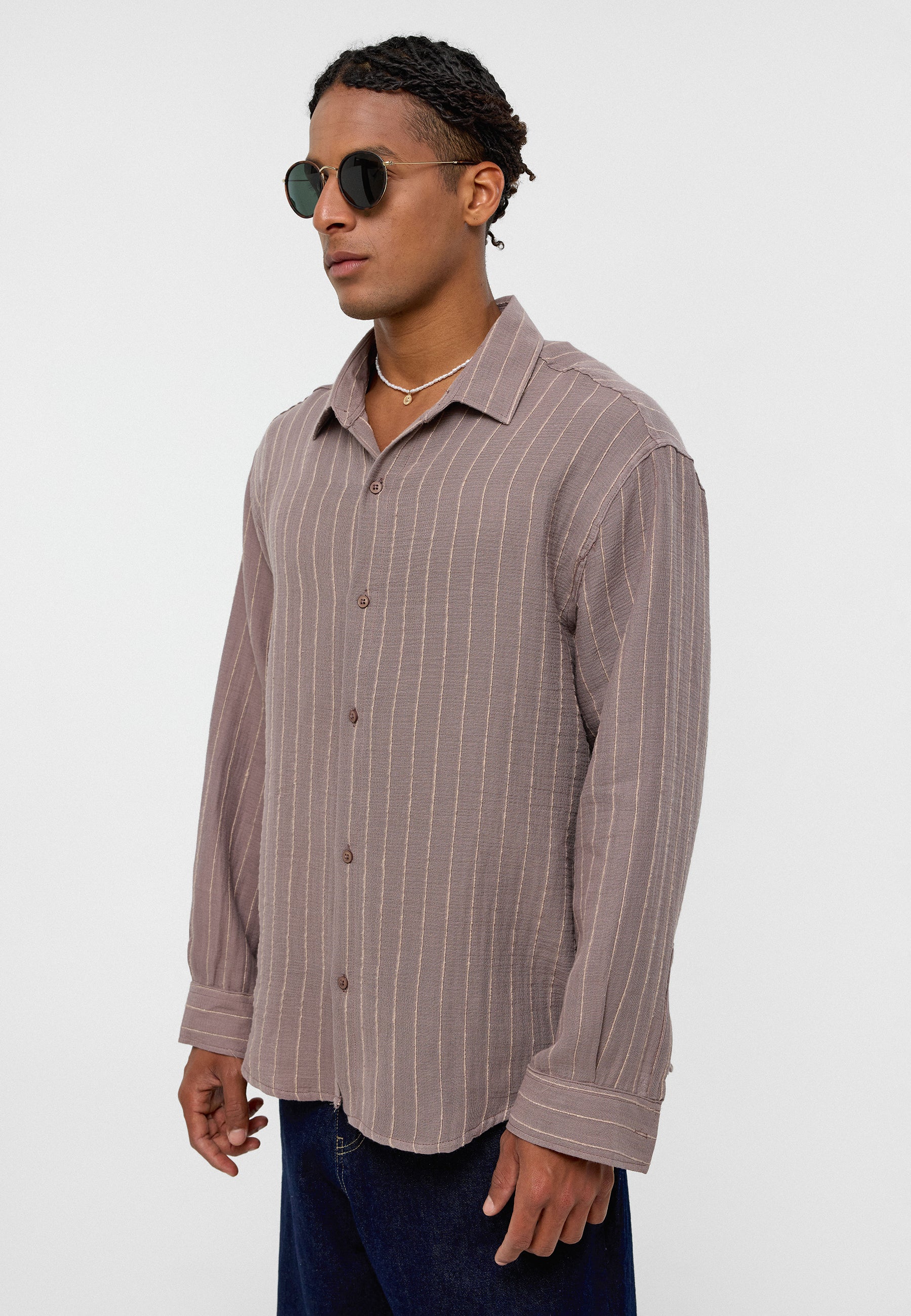 Taupe‑Beige Striped Oversized Muslin Shirt – Soft Stylish Everyday Essential