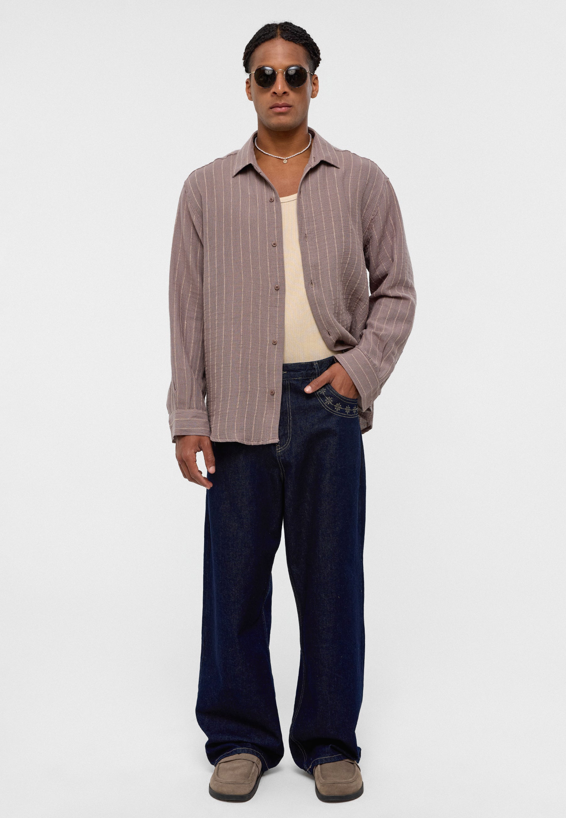 Taupe‑Beige Striped Oversized Muslin Shirt – Soft Stylish Everyday Essential