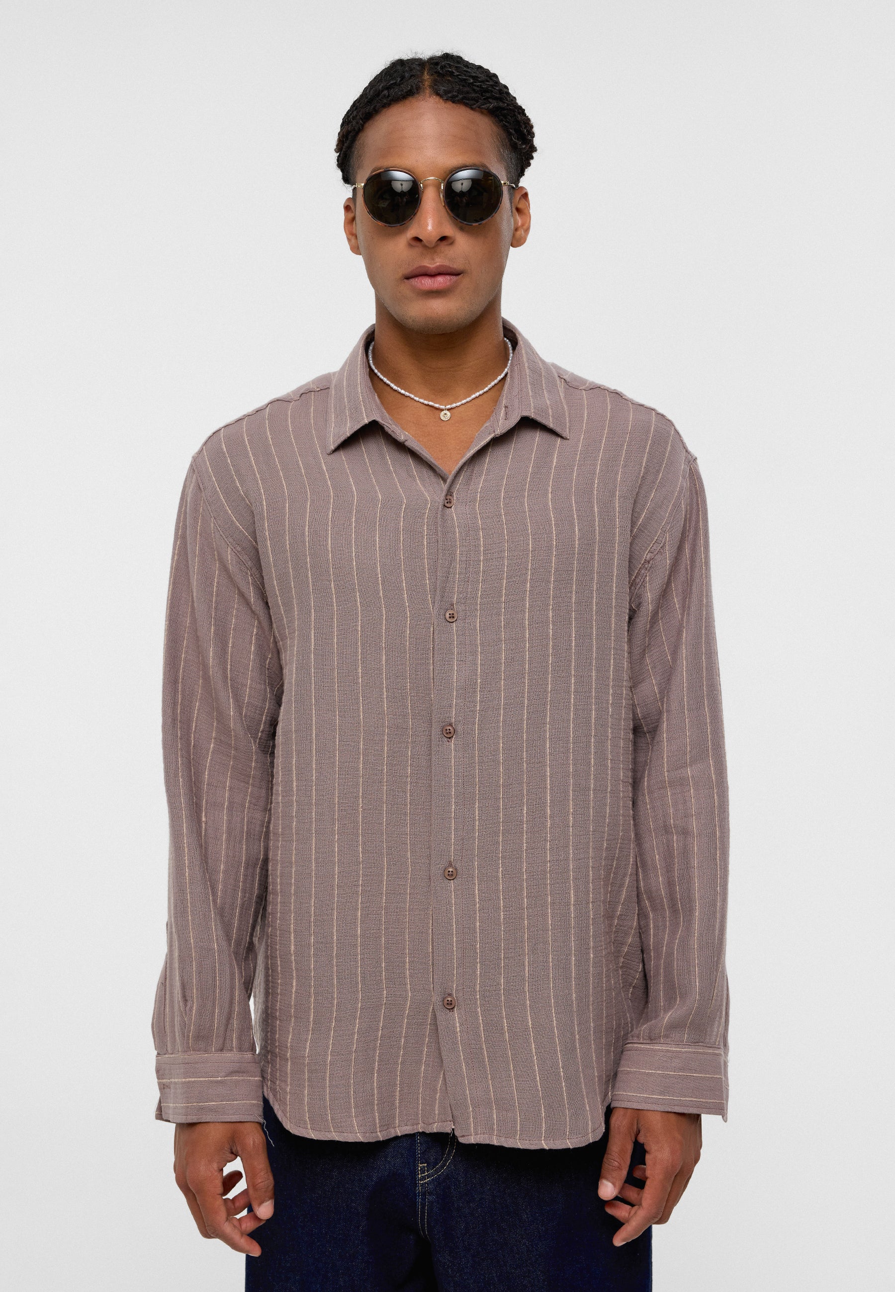 Taupe‑Beige Striped Oversized Muslin Shirt – Soft Stylish Everyday Essential