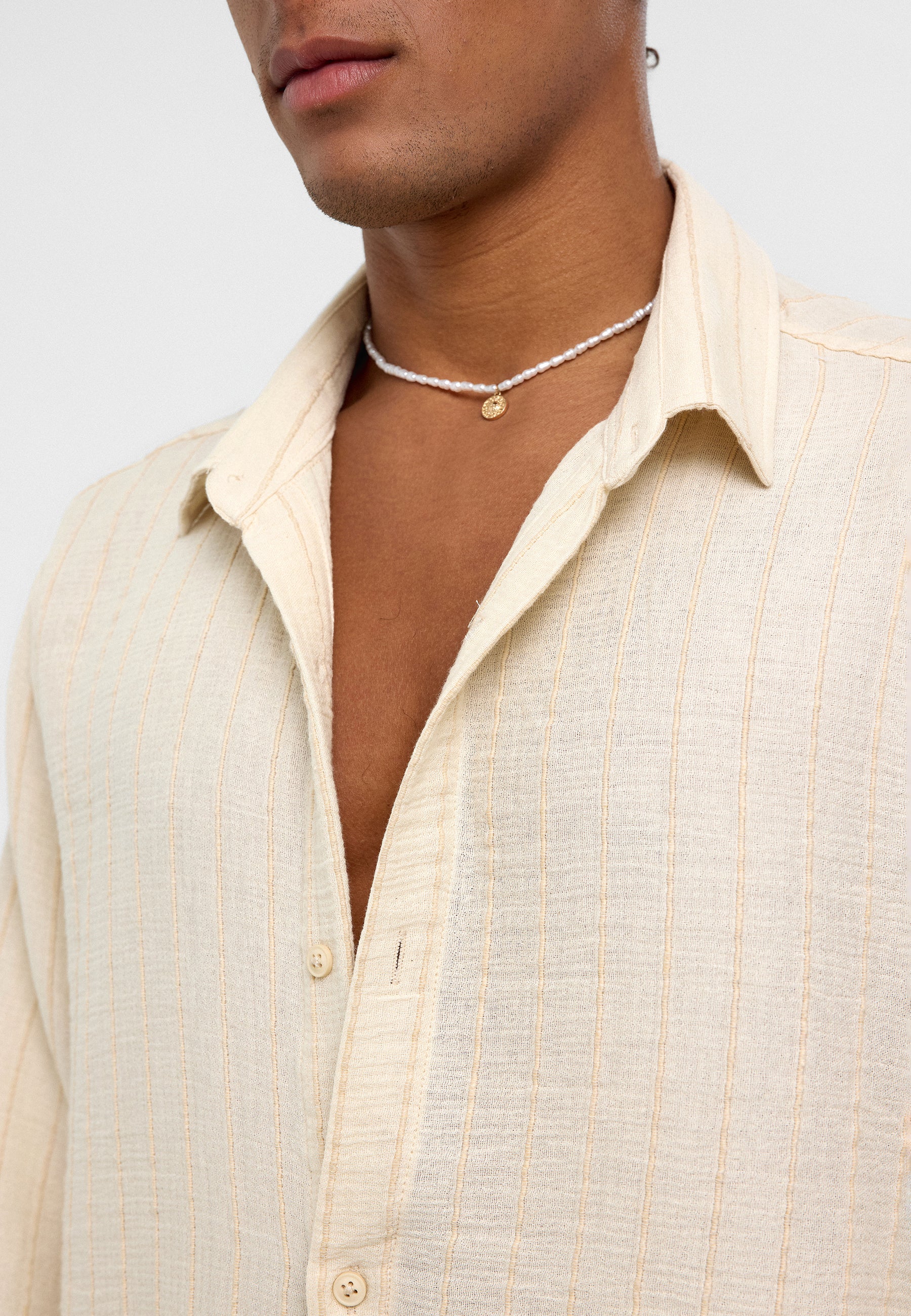 Bright White Polo-Collar Muslin Long‑Sleeve — Lightweight Relaxed Essentials