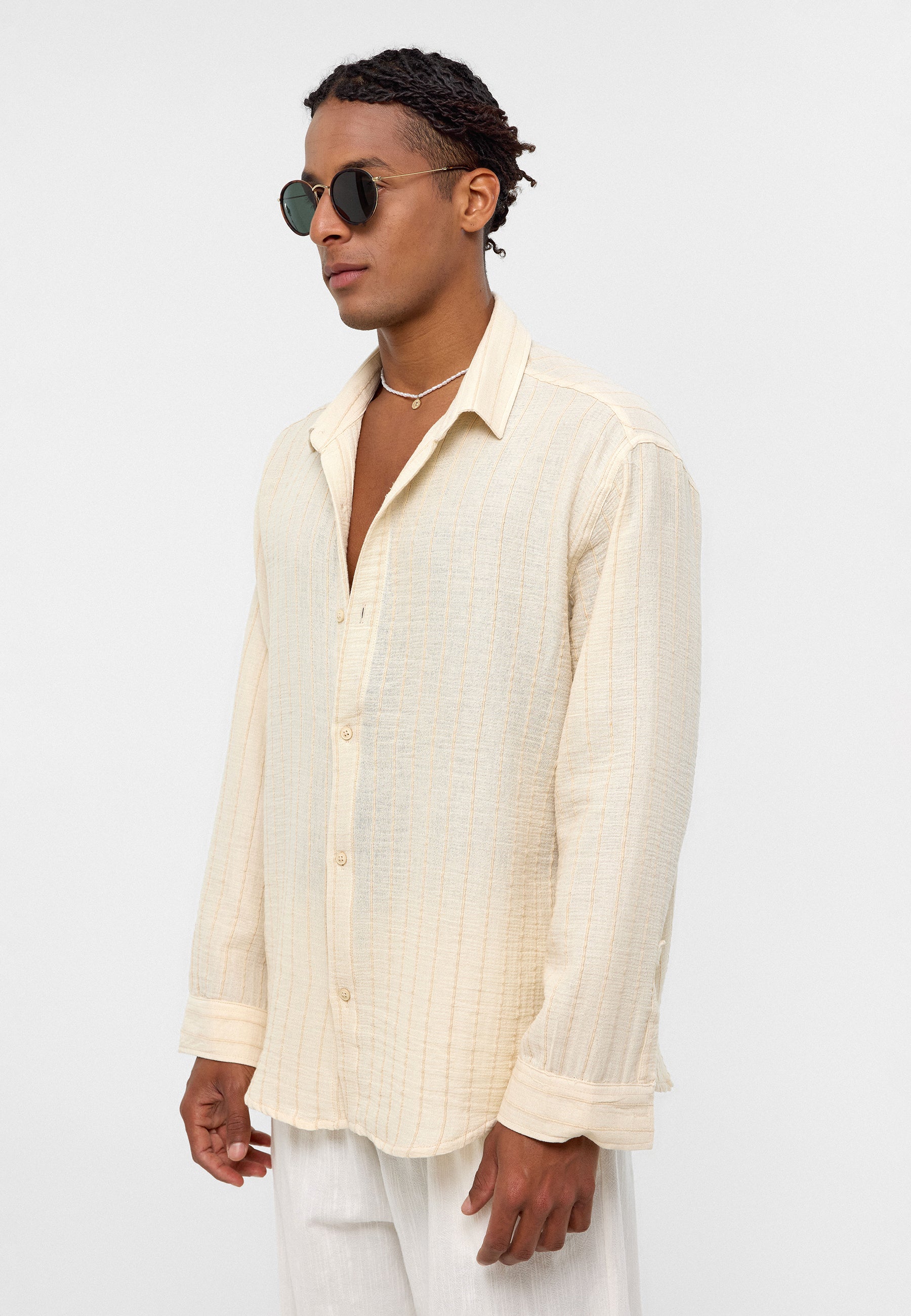 Bright White Polo-Collar Muslin Long‑Sleeve — Lightweight Relaxed Essentials