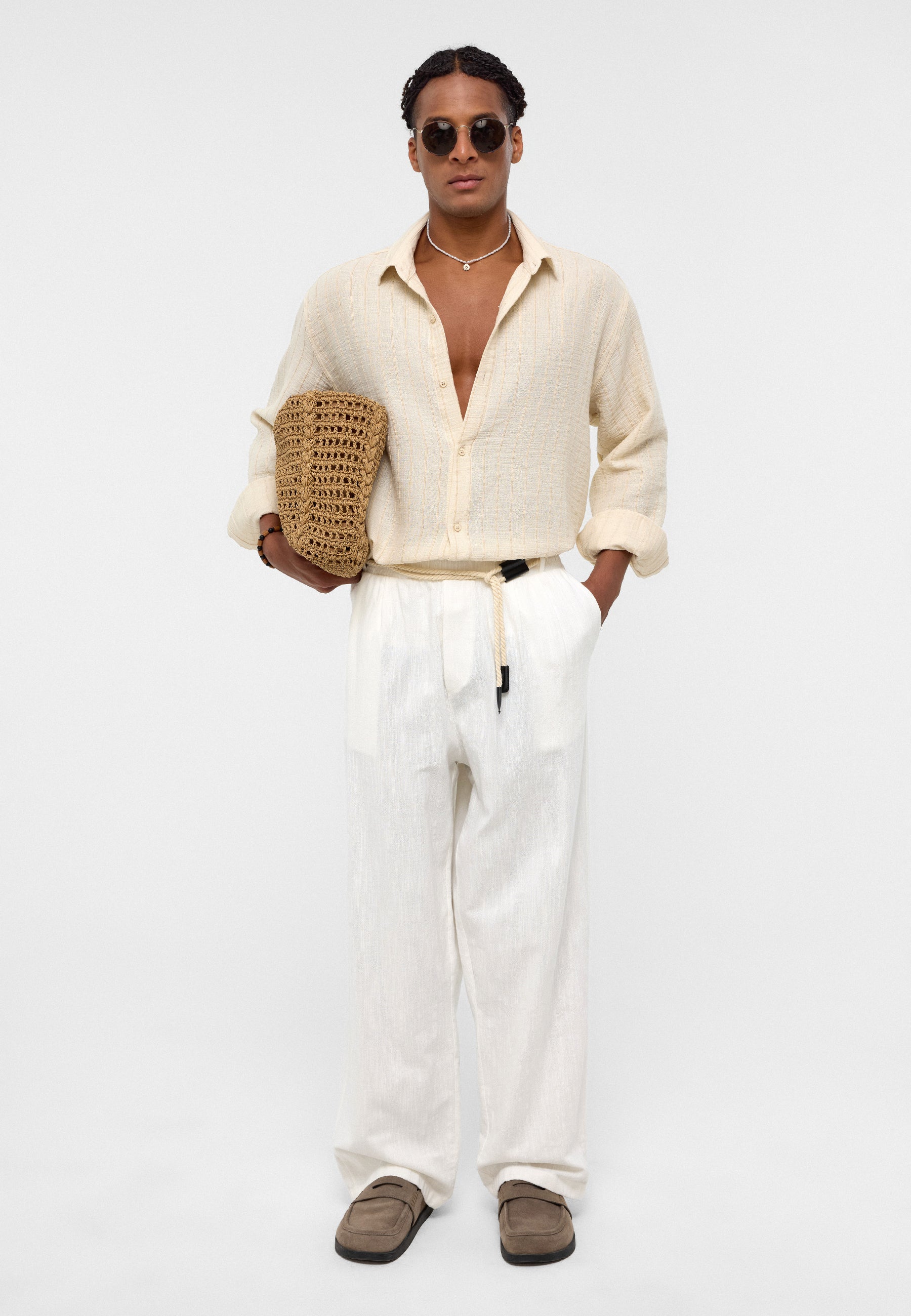 Bright White Polo-Collar Muslin Long‑Sleeve — Lightweight Relaxed Essentials