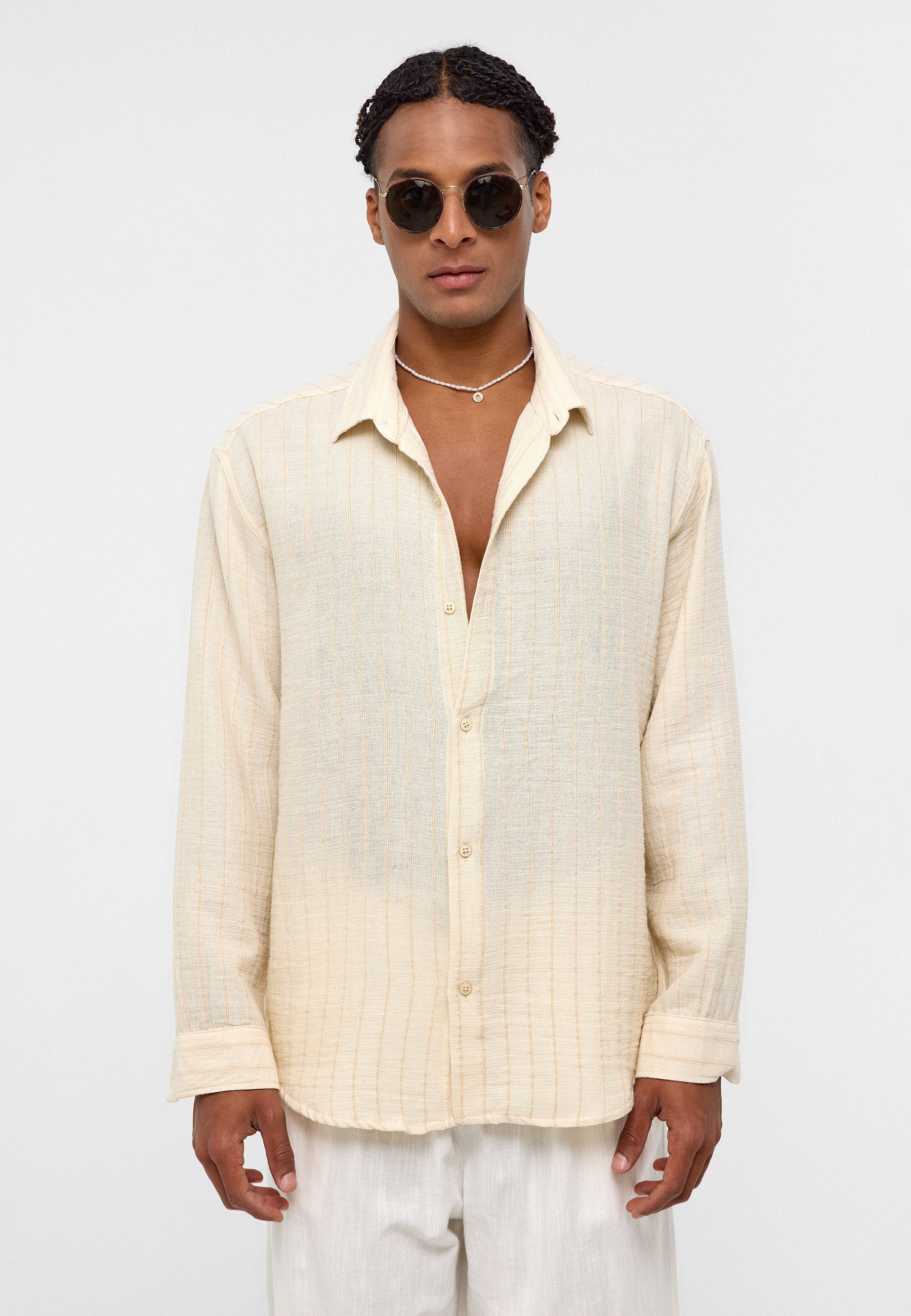 Bright White Polo-Collar Muslin Long‑Sleeve — Lightweight Relaxed Essentials