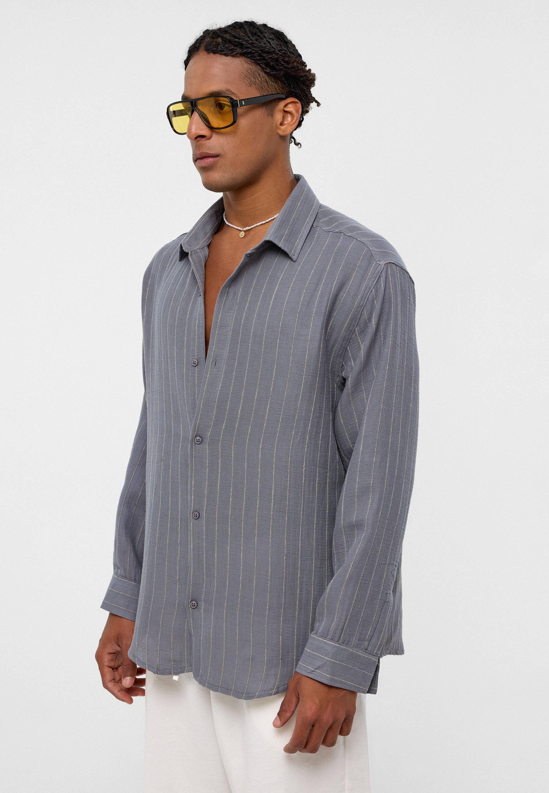 Soft Beige Striped Oversized Muslin Shirt – Lightweight Elegance with Warm Tones
