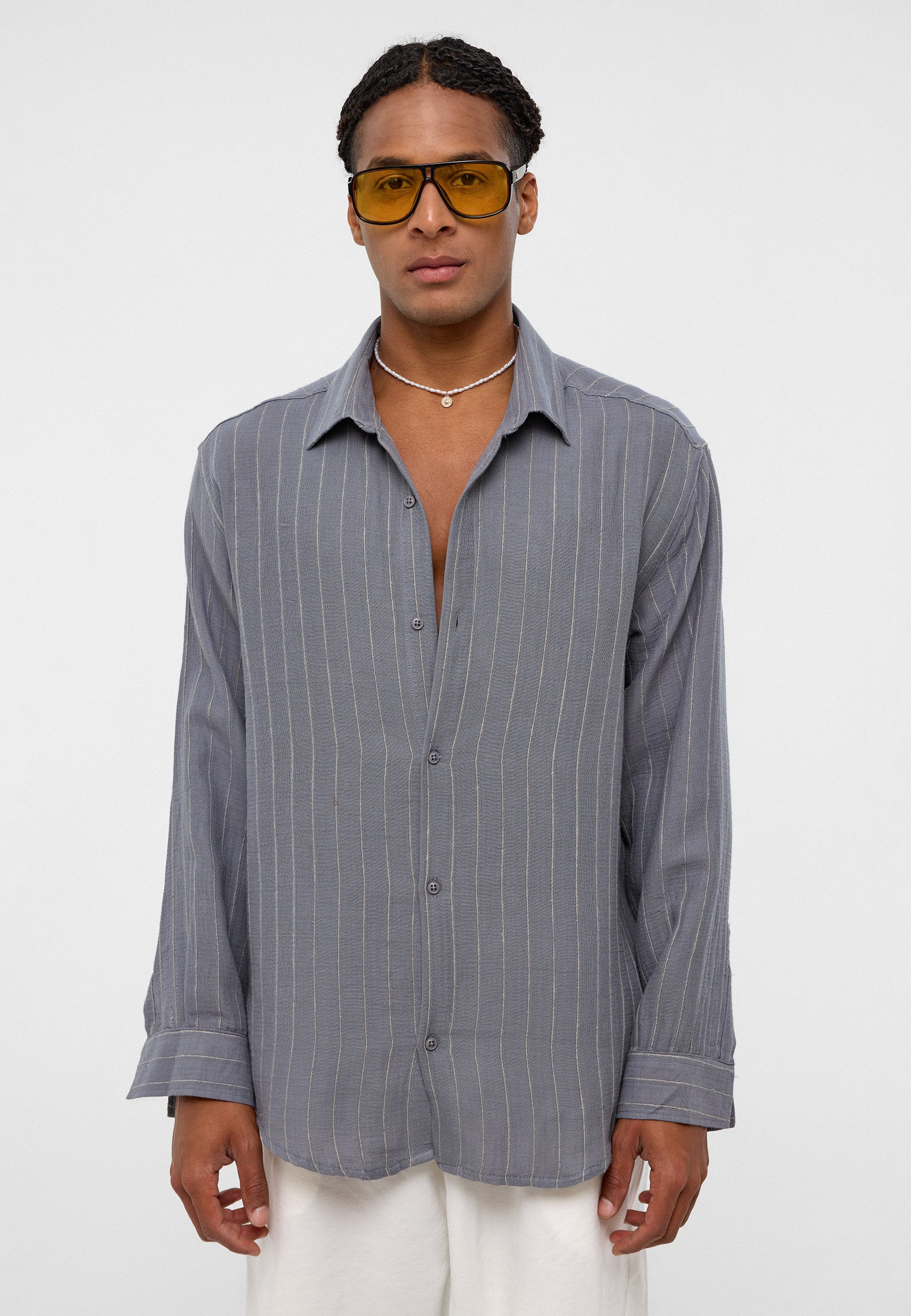 Soft Beige Striped Oversized Muslin Shirt – Lightweight Elegance with Warm Tones