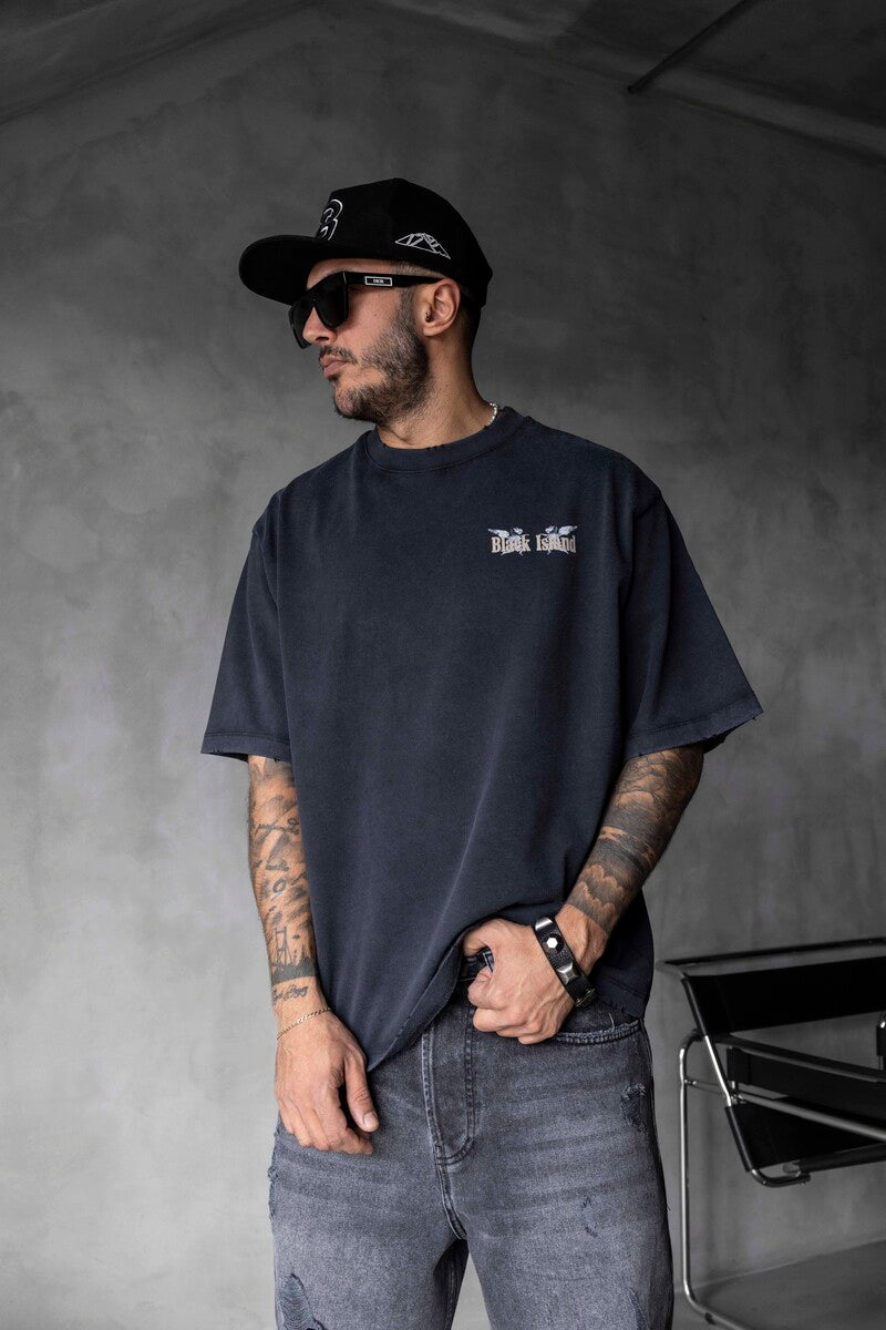 Vintage Angel Print Oversized Black T-Shirt 1862