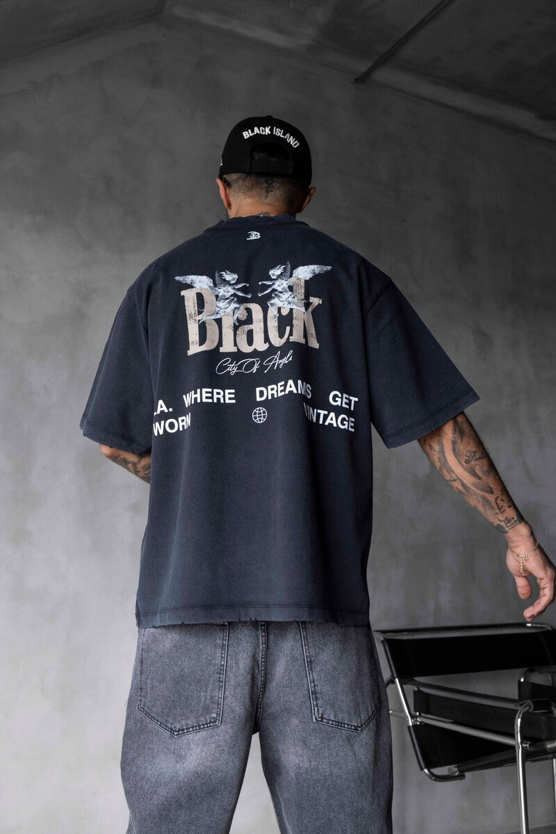 Vintage Angel Print Oversized Black T-Shirt 1862