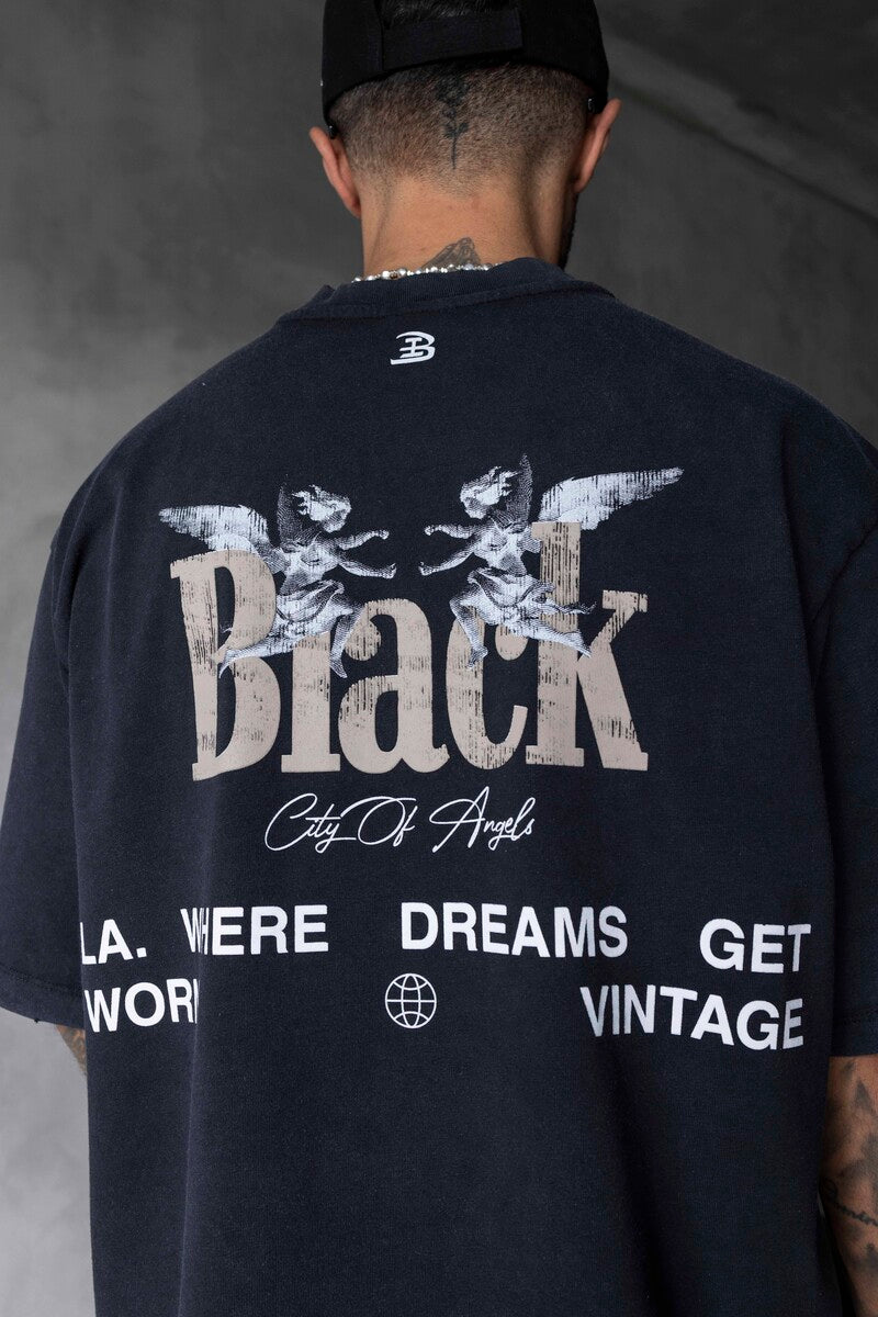 Vintage Angel Print Oversized Black T-Shirt 1862