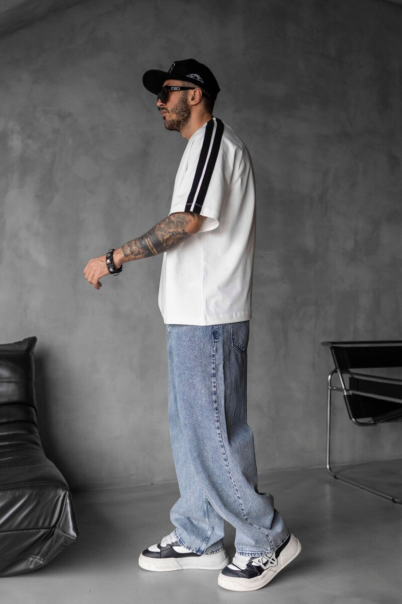 White Oversized T-Shirt with Black Stripes 1834