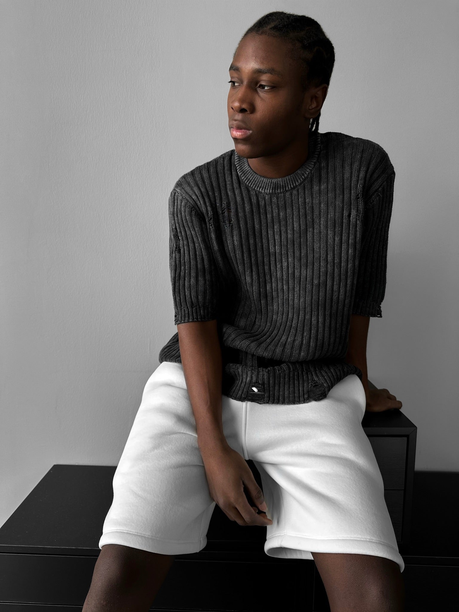 Oversize Torn Washed Knit T-shirt - Black