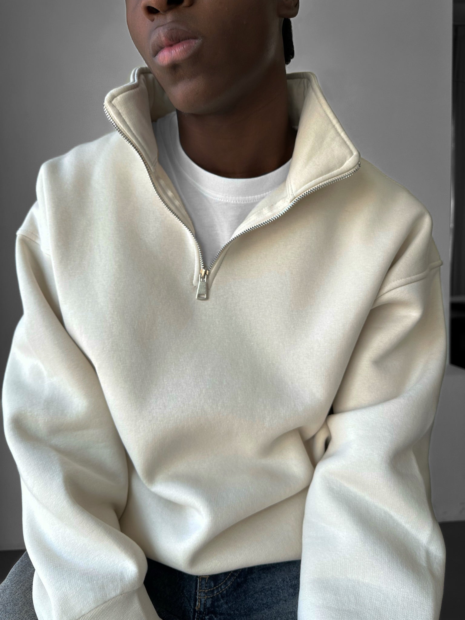 Oversize Half-Zip Polo Sweatshirt - Beige
