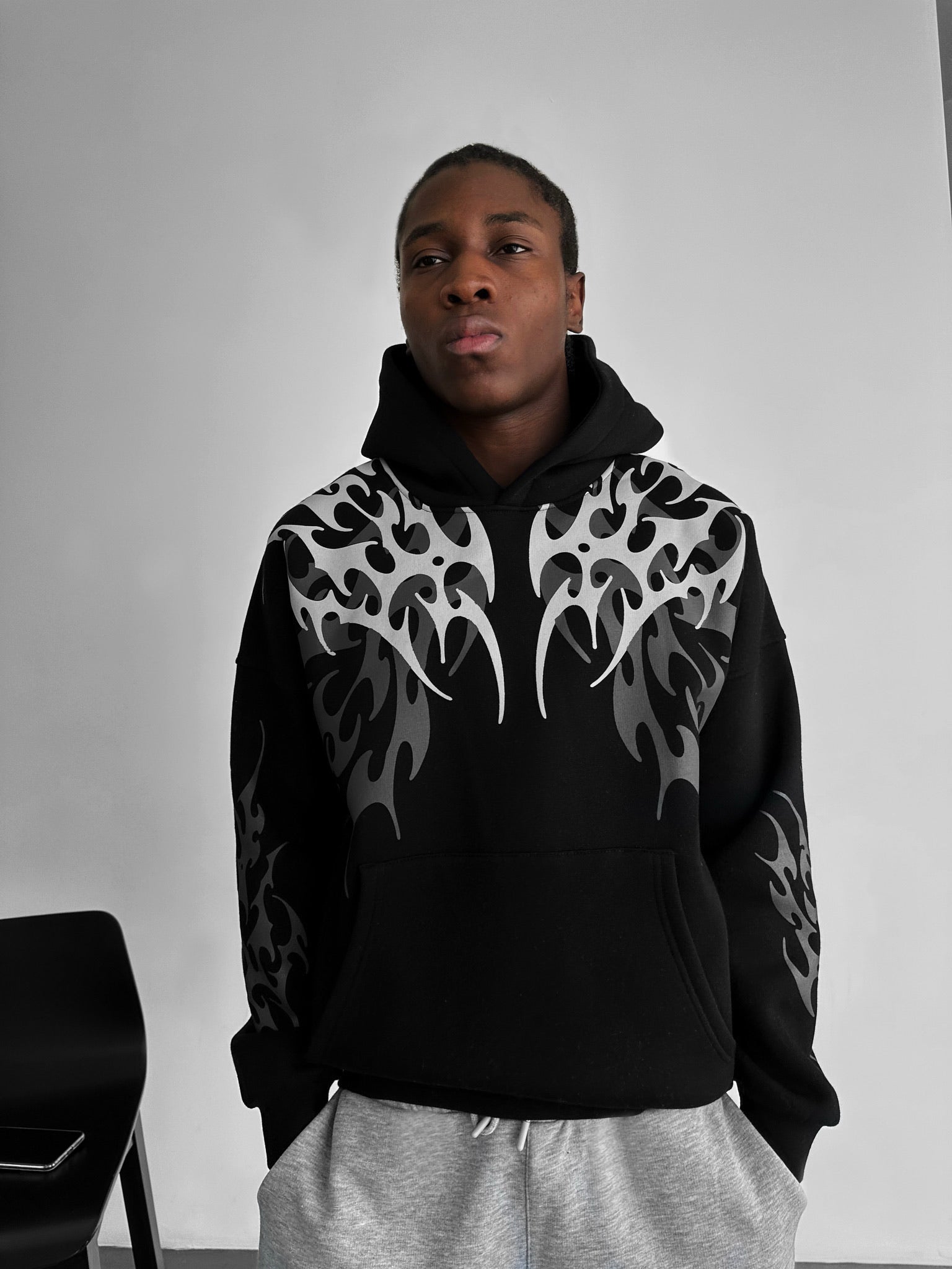 Oversize Tribal Hoodie - Black