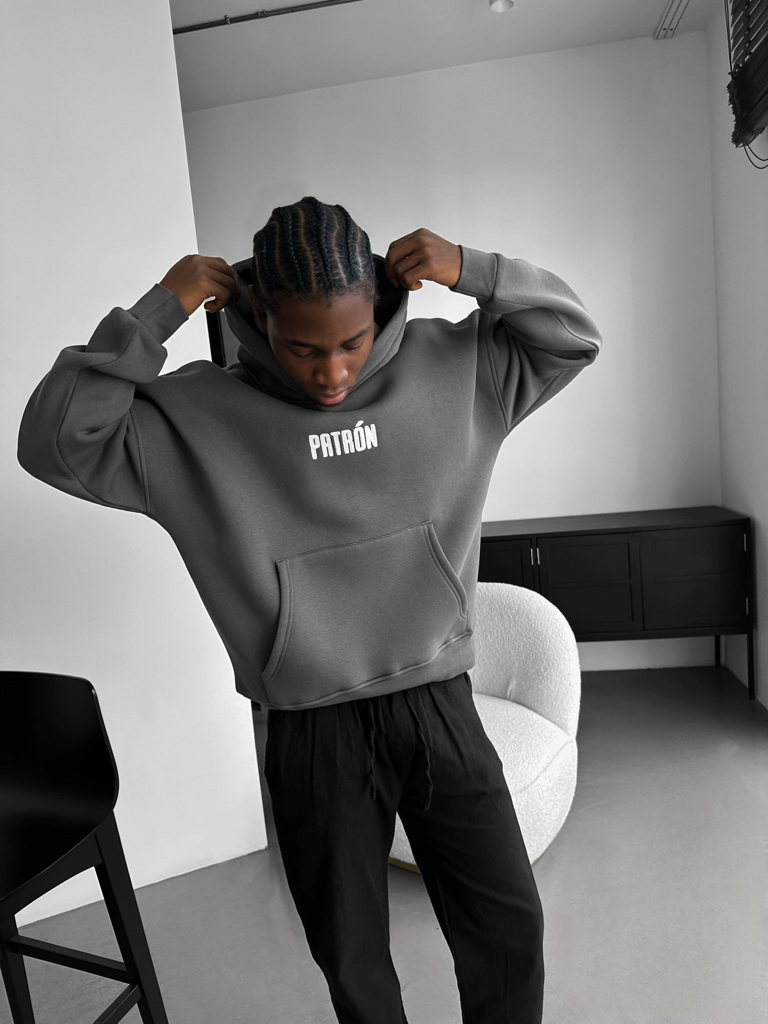 Oversize Detailed Patron Hoodie - Anthracite