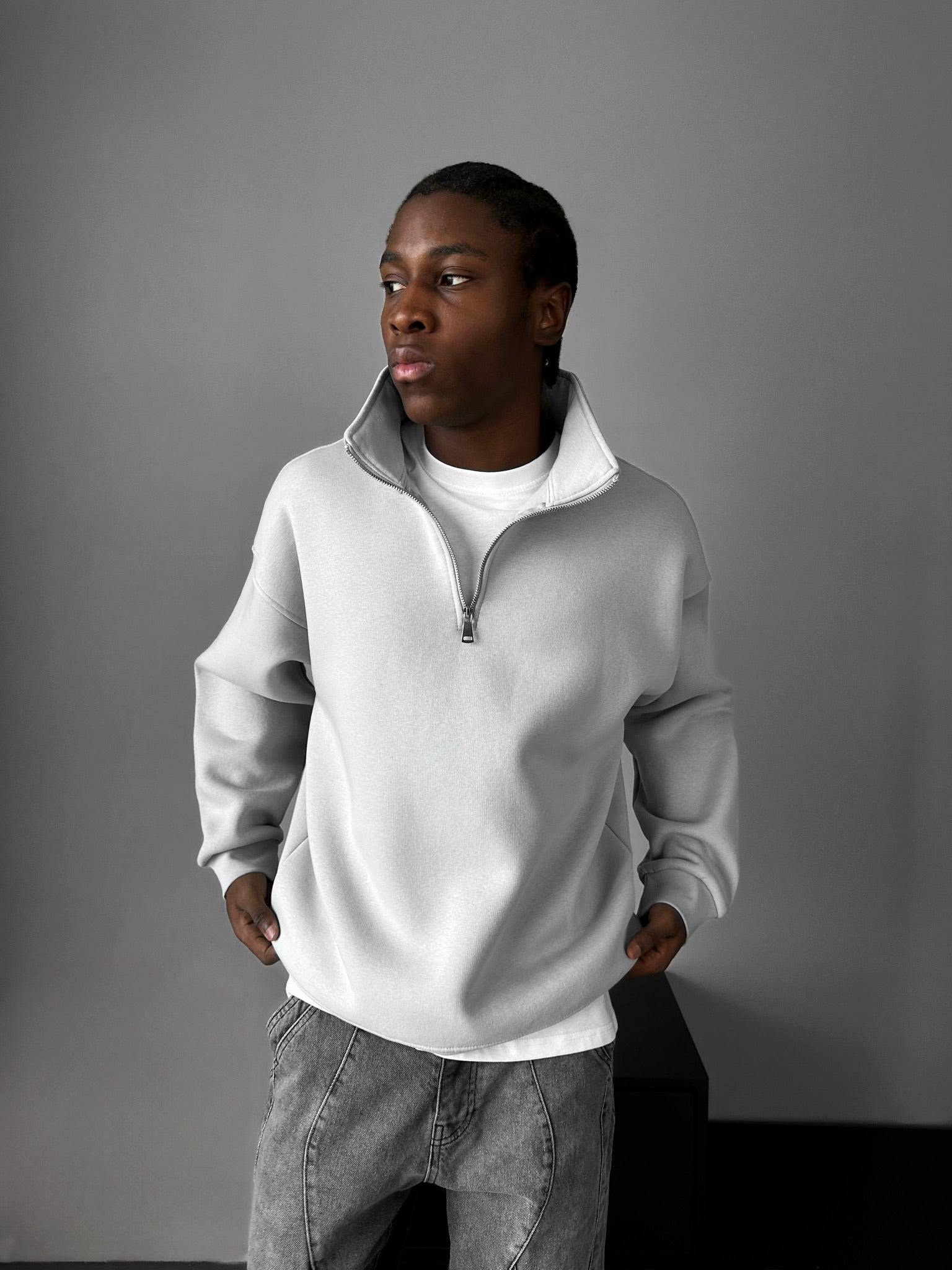 Oversize Half-Zip Polo Sweatshirt - Grey