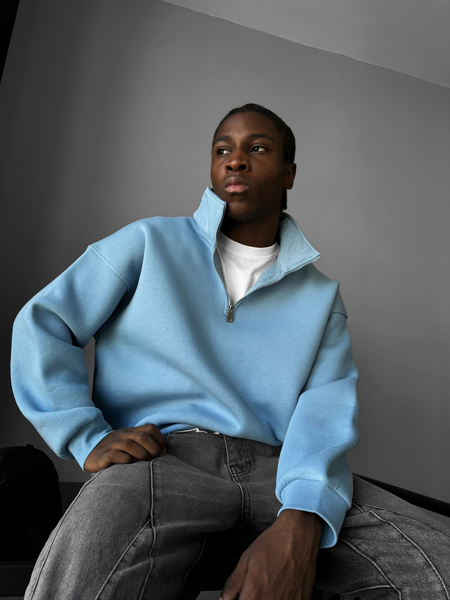 Oversize Half-Zip Polo Sweatshirt - Faded Denim