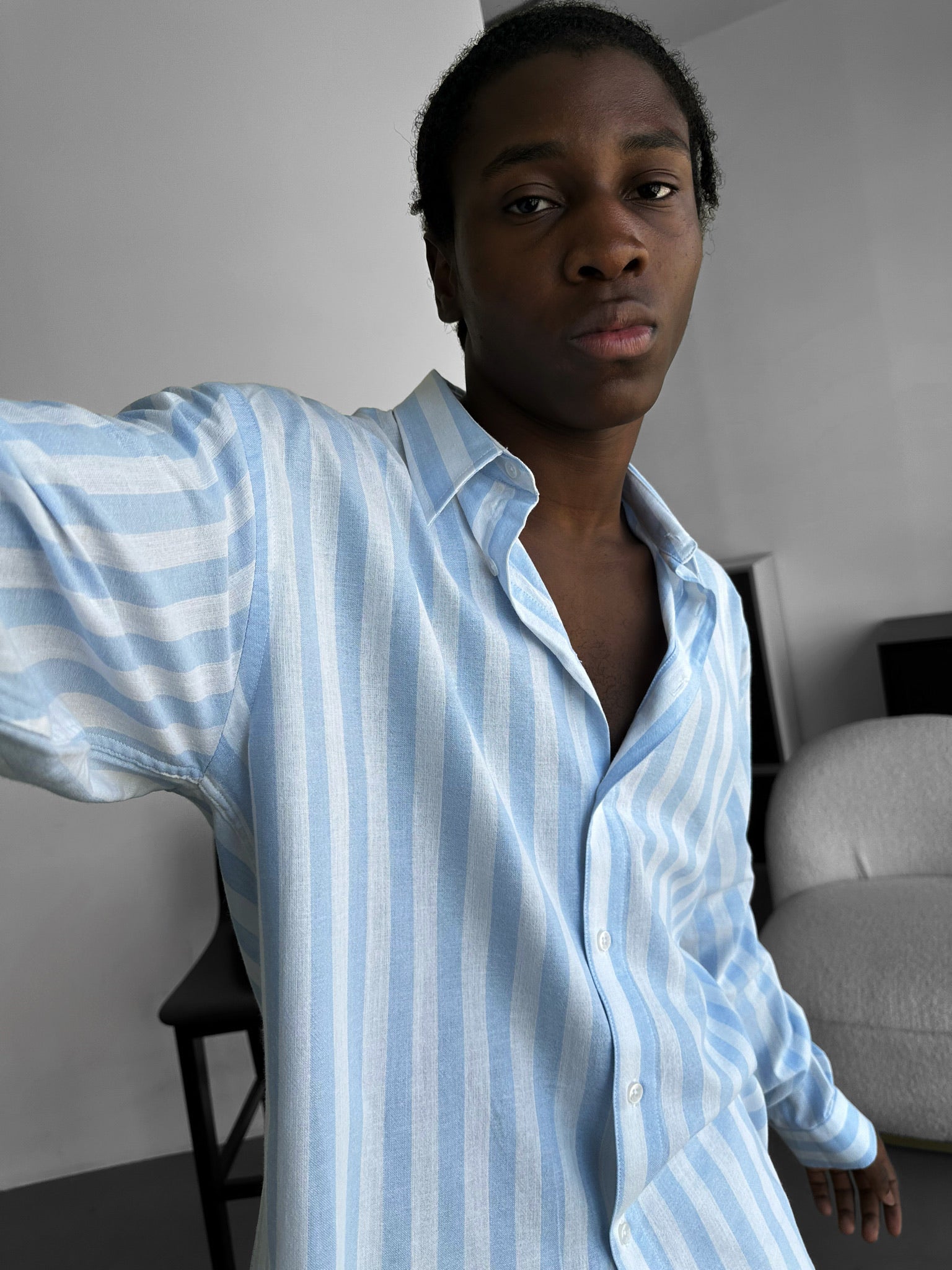 Oversize Cotton Striped Shirt - Babyblue