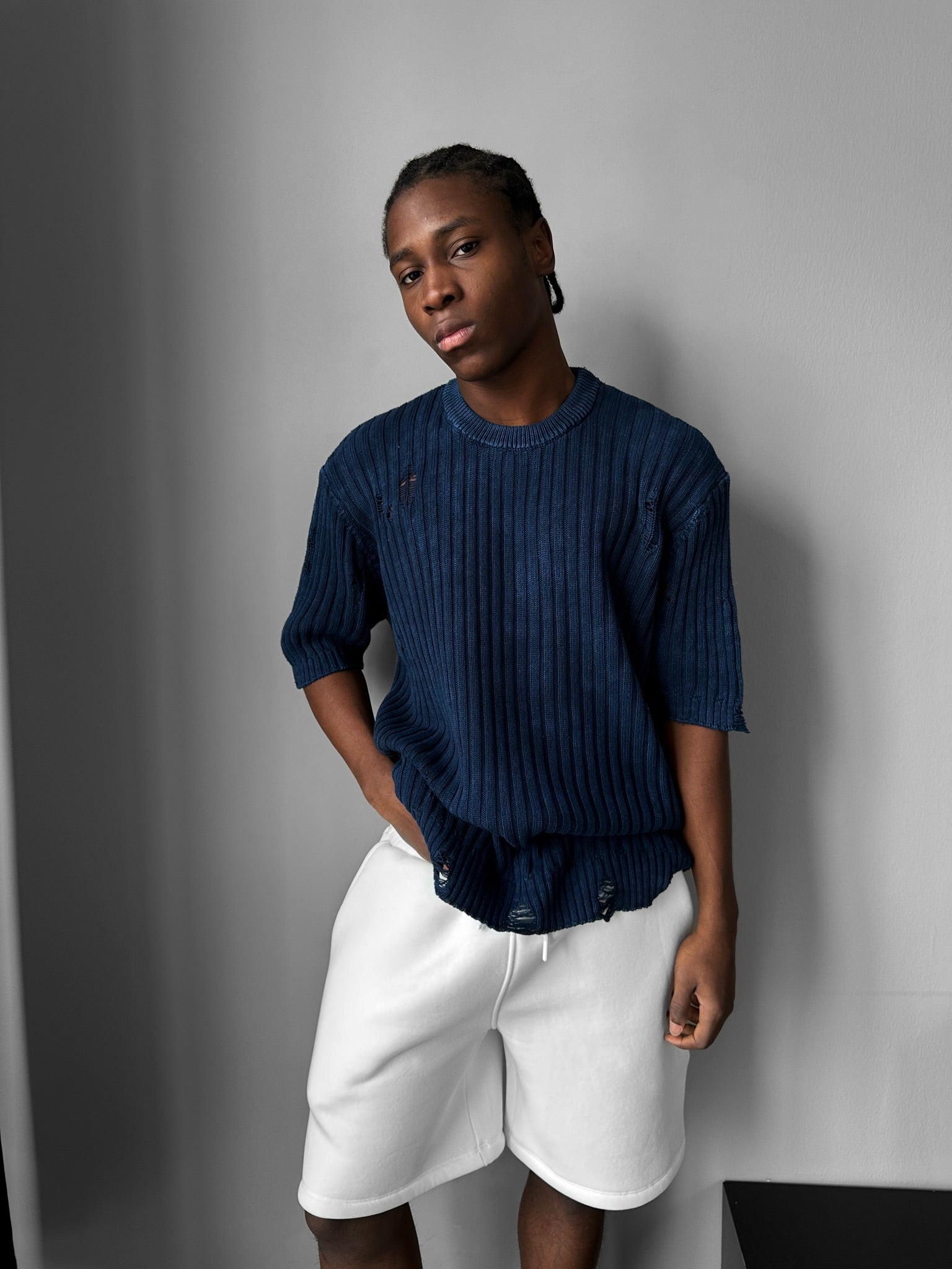 Oversize Torn Washed Knit T-shirt - Blue