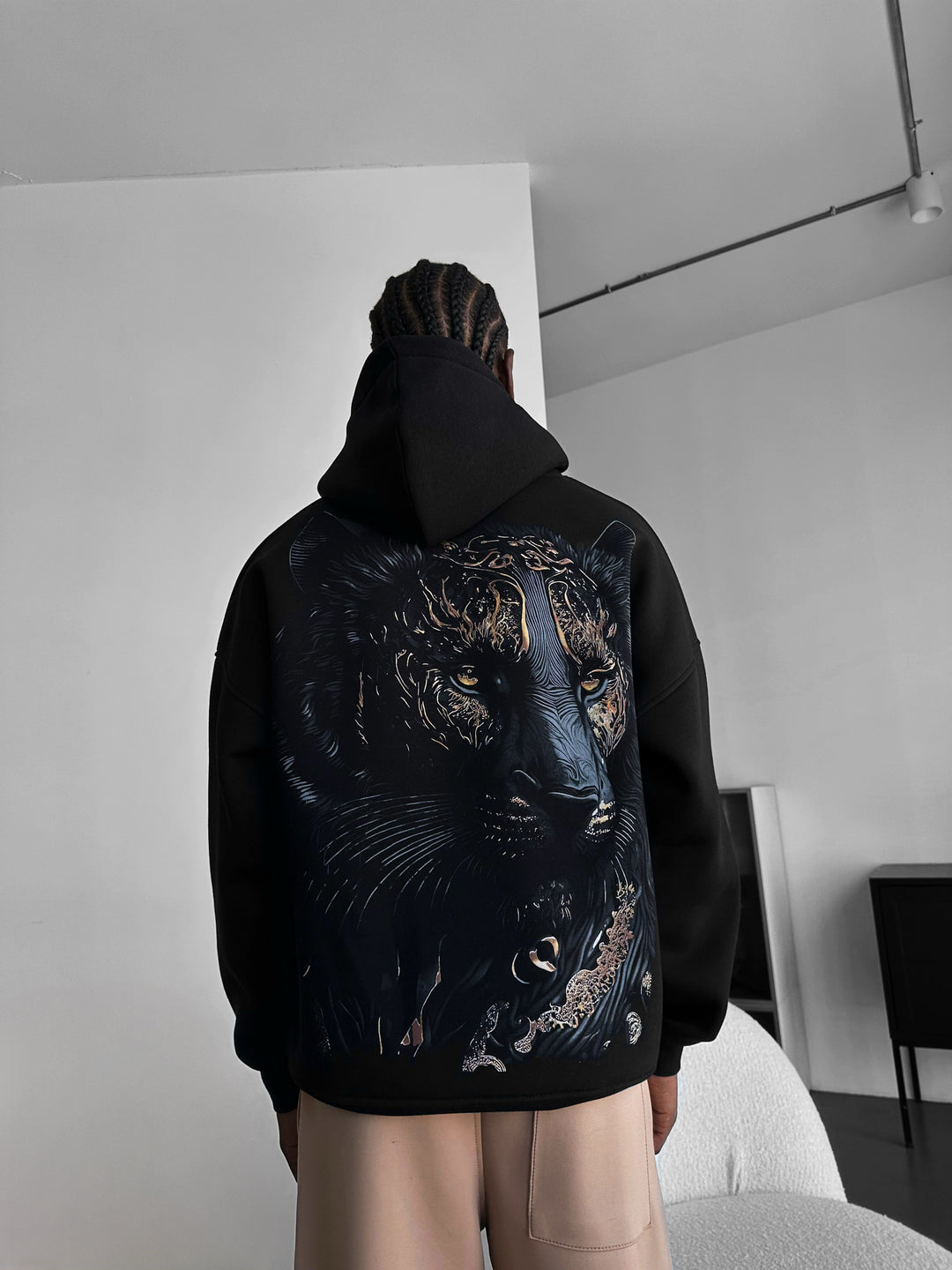 Oversize Detailed Lion Hoodie - Black