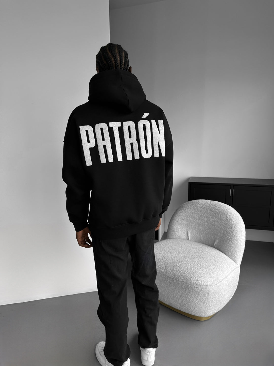 Oversize Detailed Patron Hoodie - Black and White
