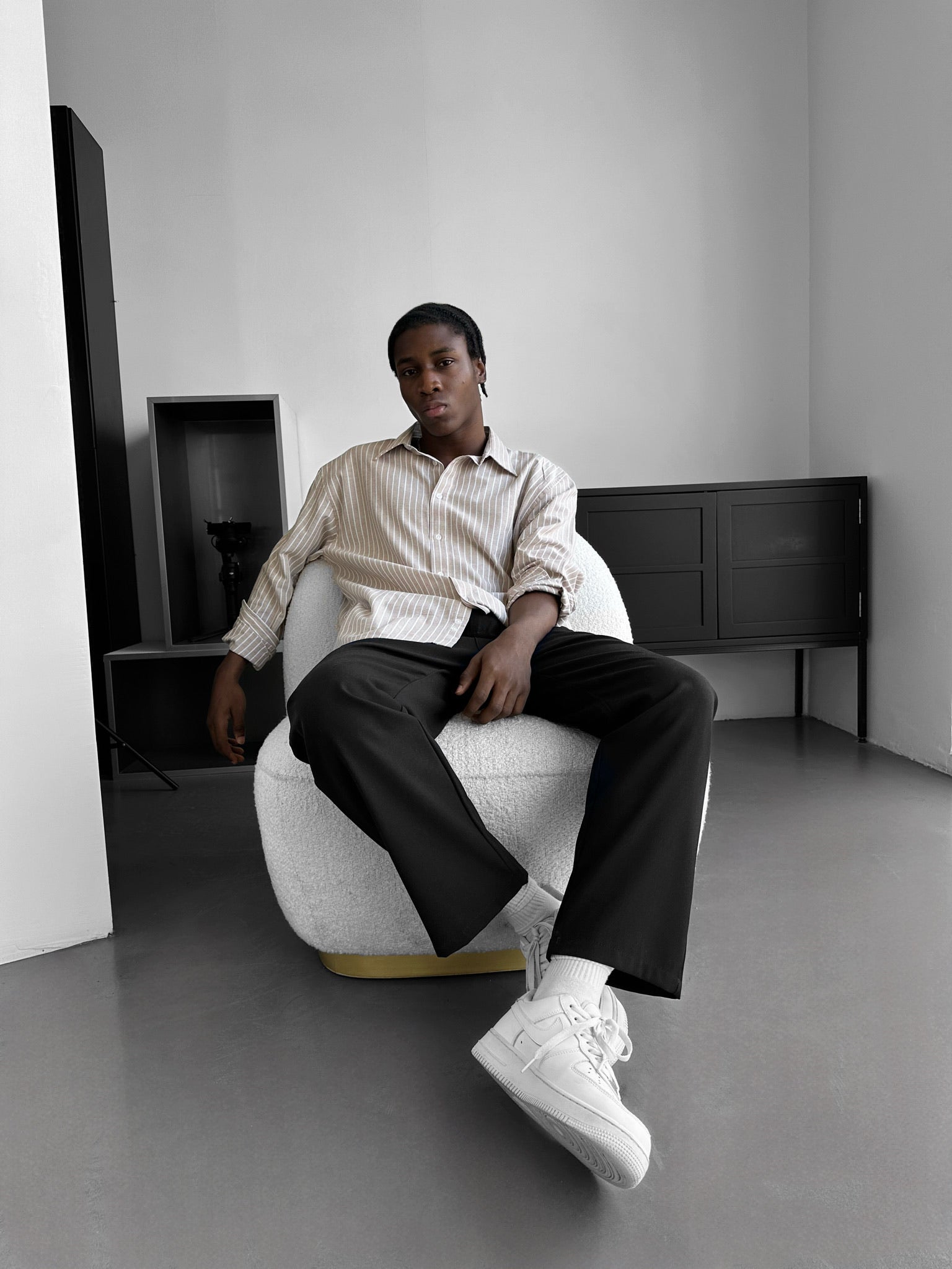 Oversize Cotton Thin Striped Shirt - Camel