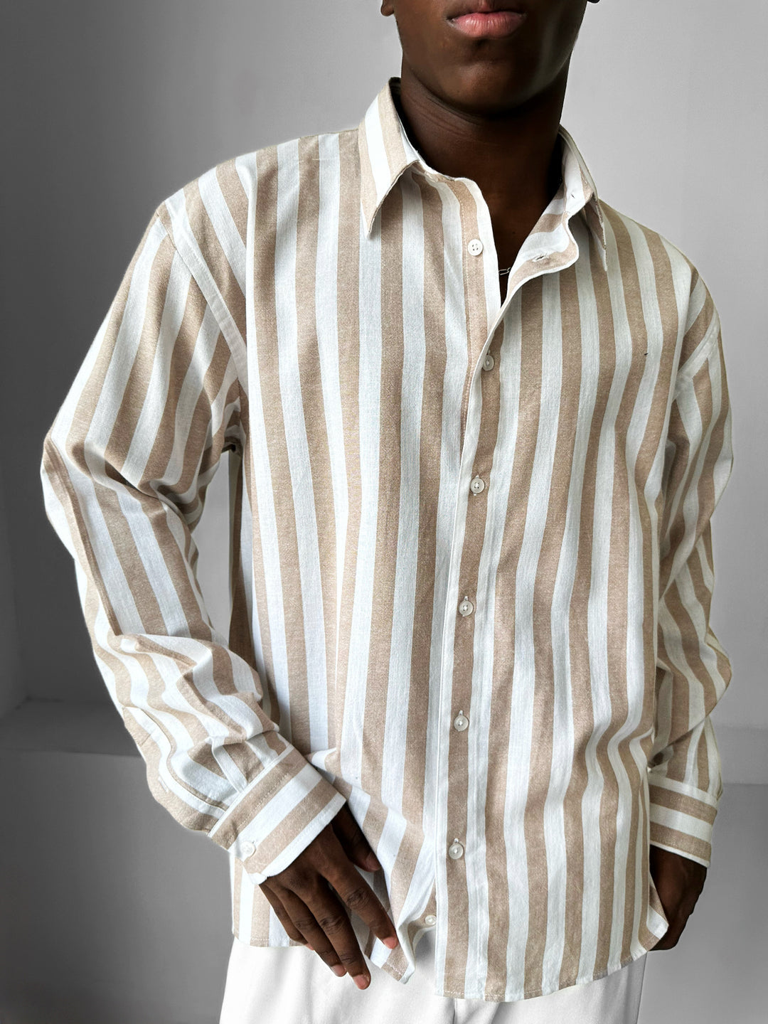 Oversize Cotton Striped Shirt - Camel