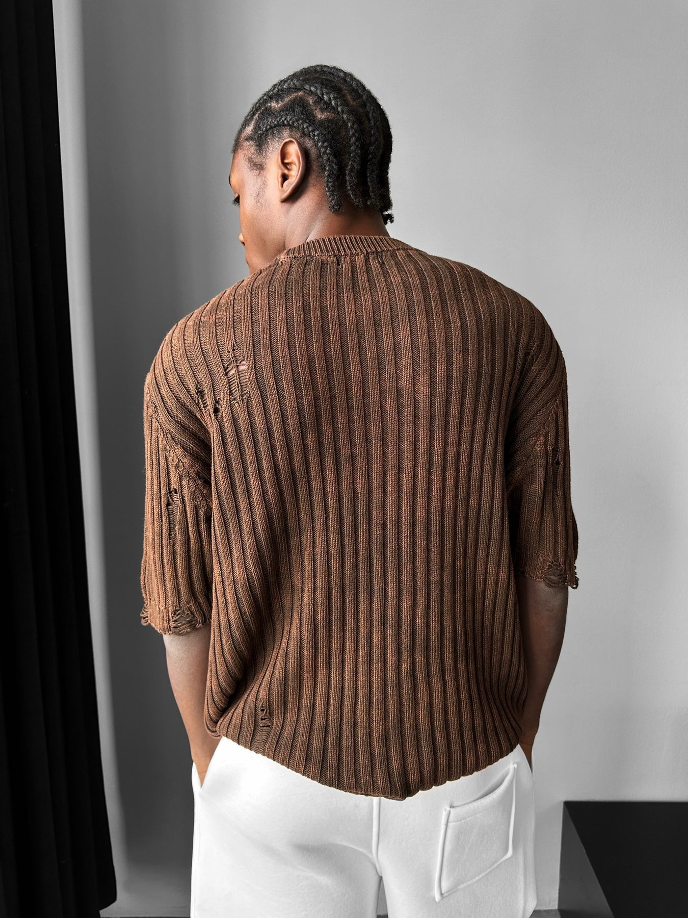 Oversize Torn Washed Knit T-shirt - Brown
