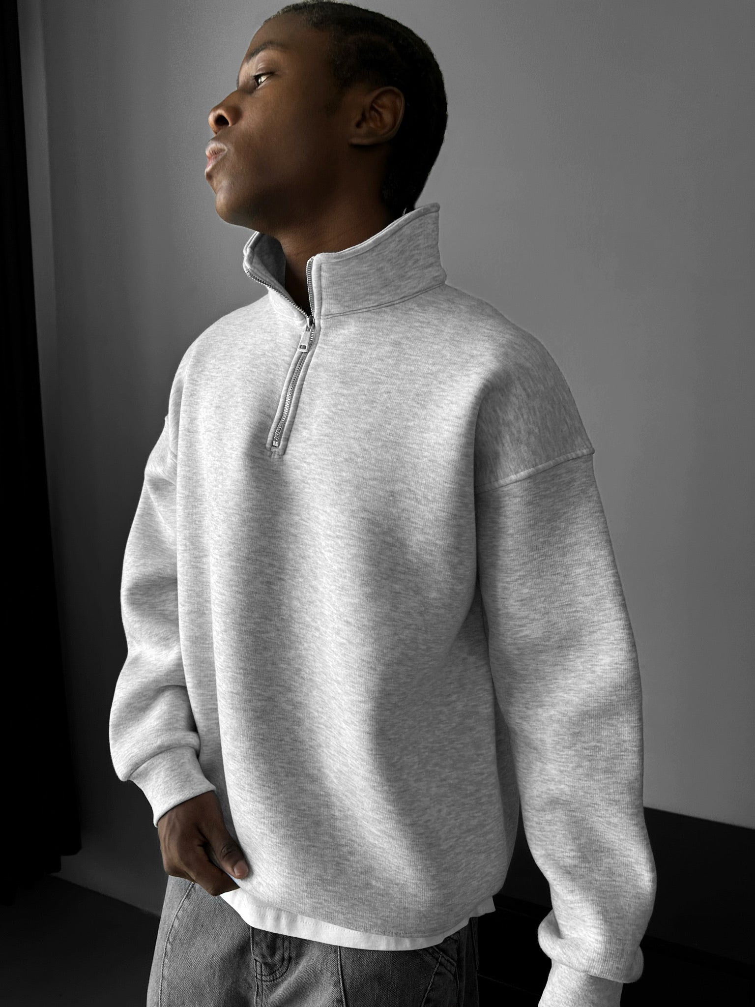 Oversize Half-Zip Polo Sweatshirt - Light Grey Melange