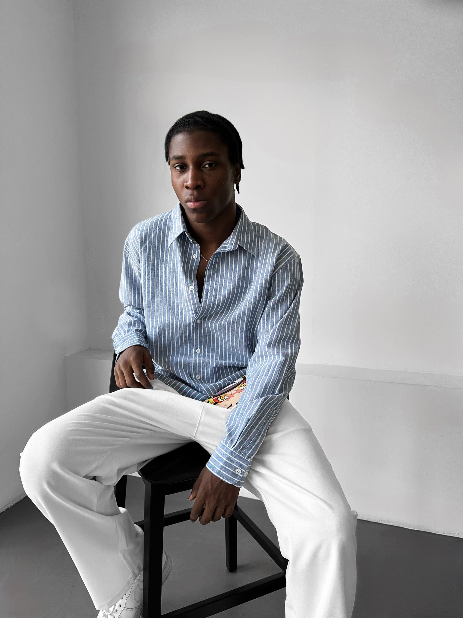 Oversize Cotton Thin Striped Shirt - Navy Blue